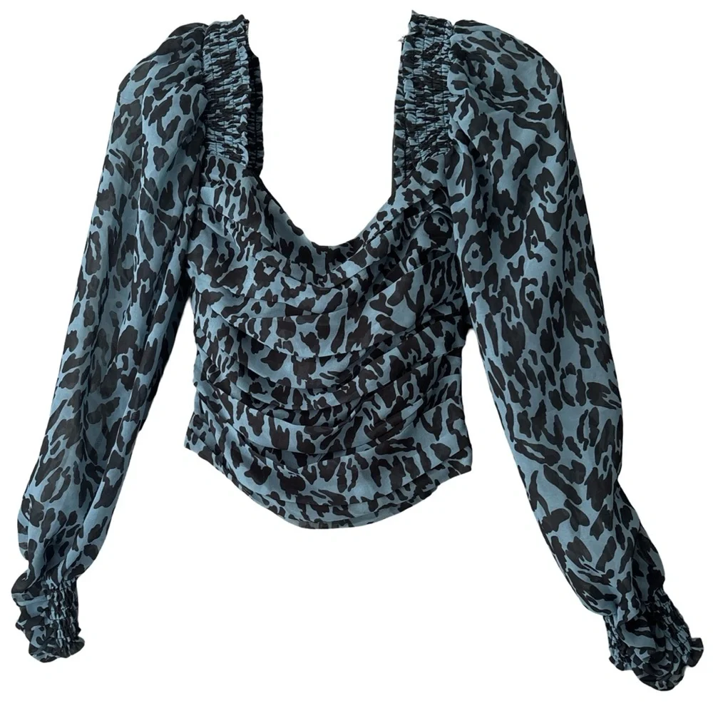 ZARA Womens Blue Animal Print Balloon Long Sleeve Pleated Crop Blouse Top Small